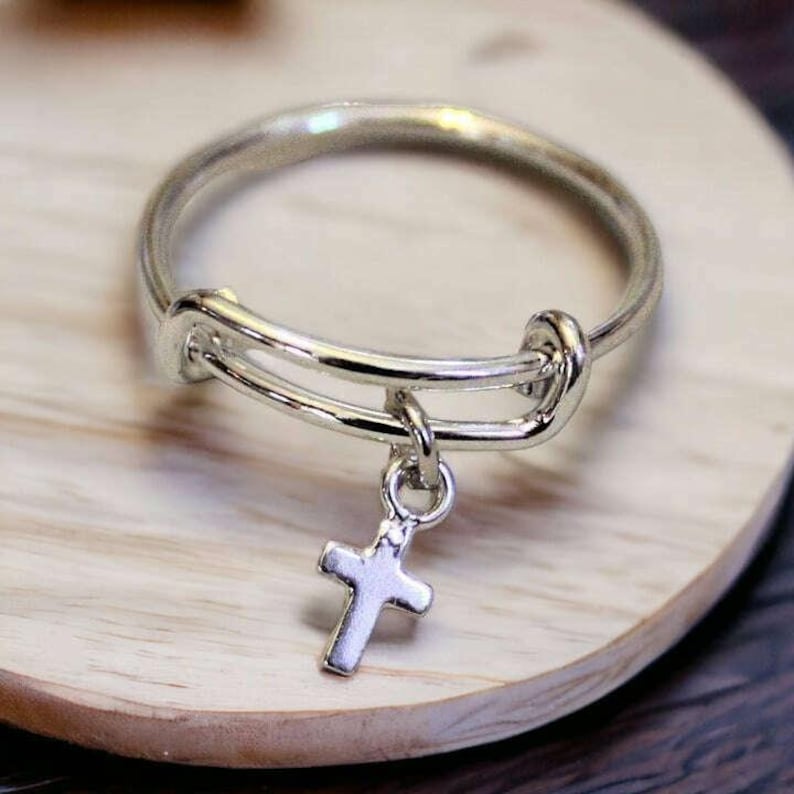 Tiny Cross Expandable Charm Ring, Silver - - LadybugfeetDesigns -