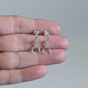 Downward Crescent MoOn Mini Hoop Huggie Earrings, Silver- 12mm - - LadybugfeetDesigns -