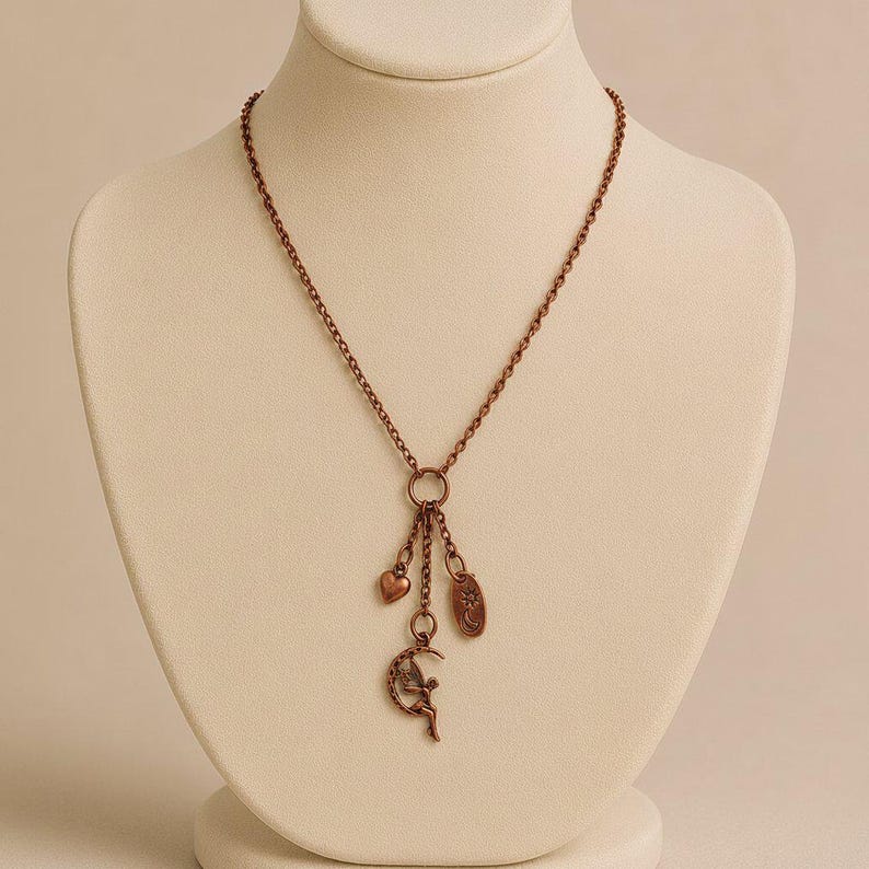 Fairy Moon Copper Charm Keeper Necklace, 18-24 inch - - LadybugfeetDesigns -
