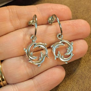 Dolphin Trio Hoop earrings, Silver - 16mm - - LadybugfeetDesigns -