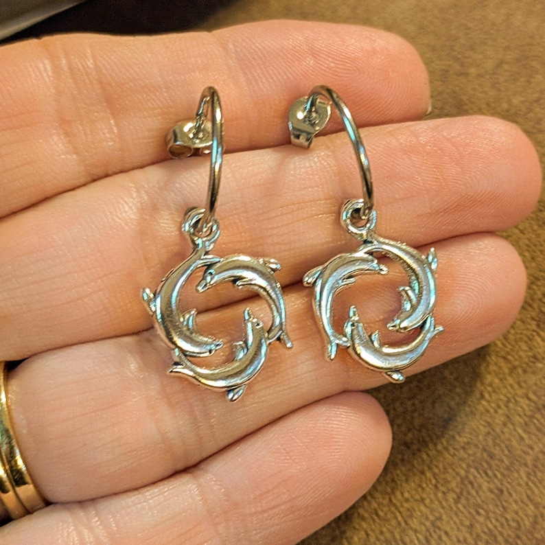 Dolphin Trio Hoop earrings, Silver - 16mm - - LadybugfeetDesigns -
