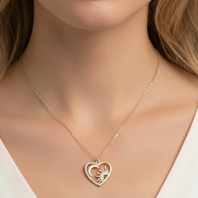 Sun Moon Heart necklace, Gold - 20 inch - - LadybugfeetDesigns -