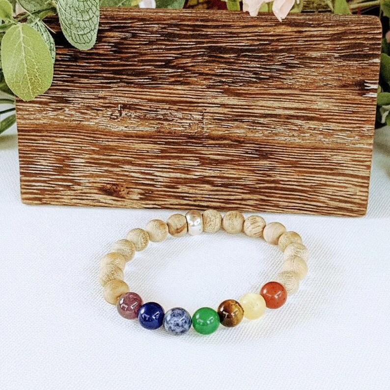 Sandalwood Chakra Bead Diffuser Bracelet, Energy & Balance - - LadybugfeetDesigns -