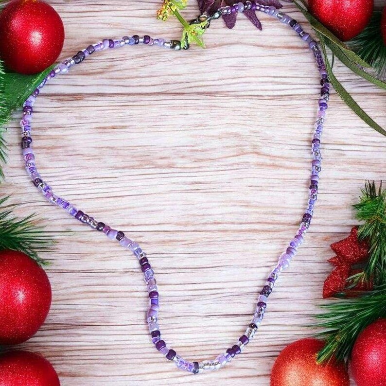 Purple Beaded Choker Necklace - 16 inch - - LadybugfeetDesigns -