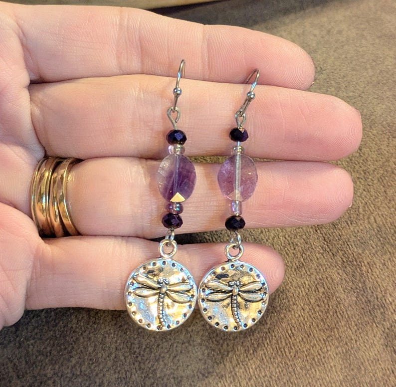 Fluorite Dragonfly Beaded Hook Earrings, Silver - - LadybugfeetDesigns -