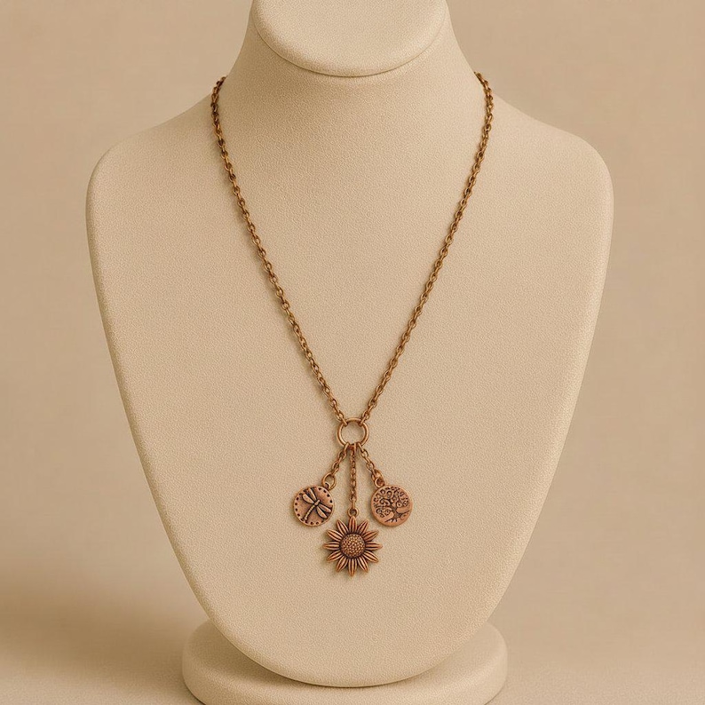 Sunflower Copper Charm Keeper Necklace, 18-24 inch - - LadybugfeetDesigns -