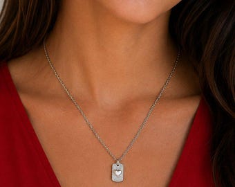 CZ Heart Tag Necklace, Silver - 20 inch