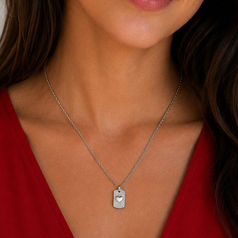 CZ Heart Tag Necklace, Silver - 20 inch - - LadybugfeetDesigns -