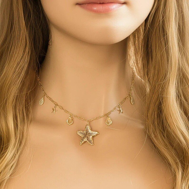 Beach Vibes Multi Charm Link Necklace, Gold- 20 inch - - LadybugfeetDesigns -