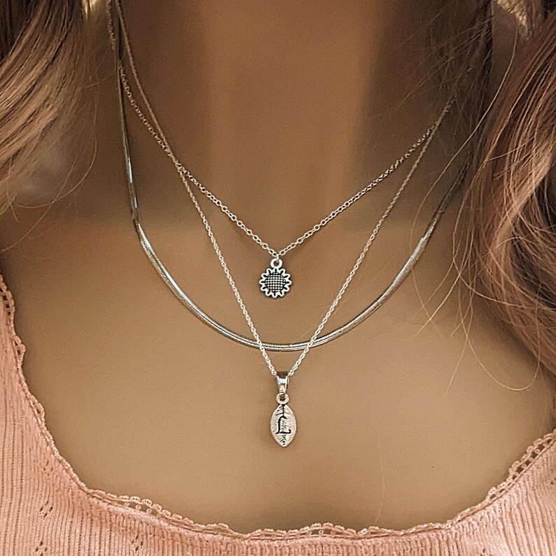 Sunflower Initial Leaf Layered Necklace Set, Silver - - LadybugfeetDesigns -