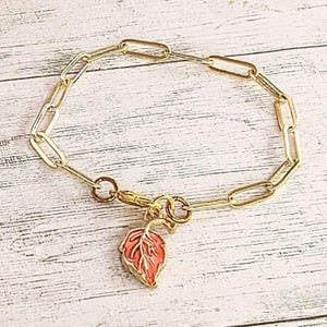 Autumn Leaf Gold Paperclip Chain Bracelet - - LadybugfeetDesigns -