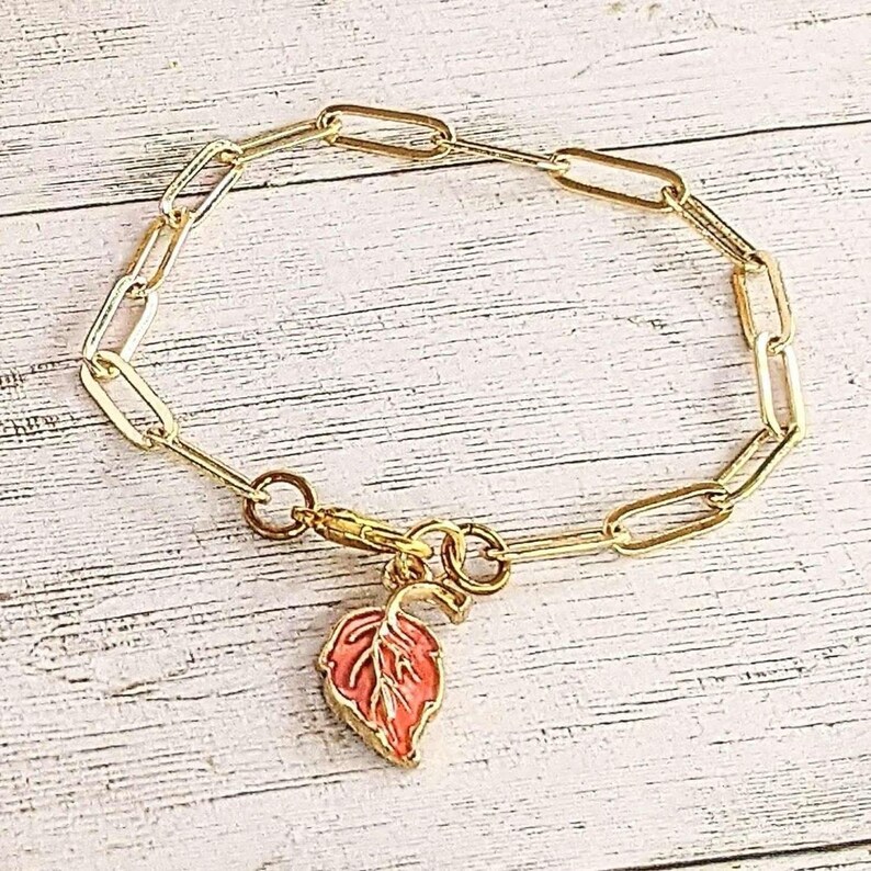 Autumn Leaf Gold Paperclip Chain Bracelet - - LadybugfeetDesigns -