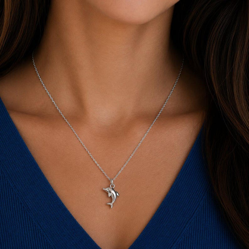Dolphin Necklace, 20 inches - Silver - - LadybugfeetDesigns -
