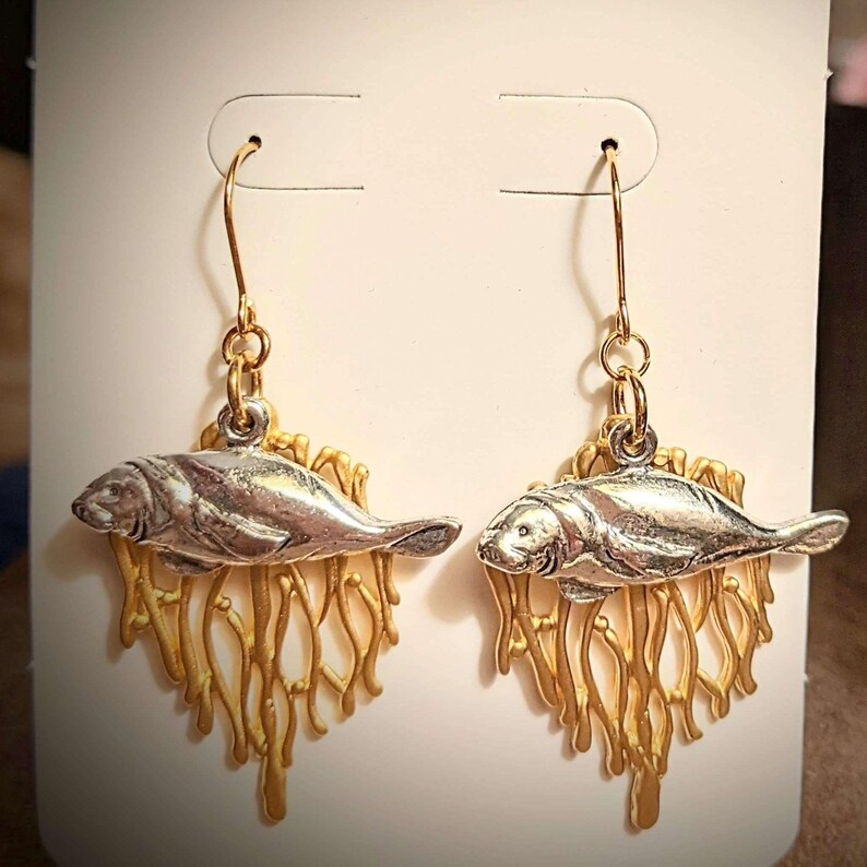 Silver Manatee Gold Seaweed Forest earrings - - LadybugfeetDesigns -
