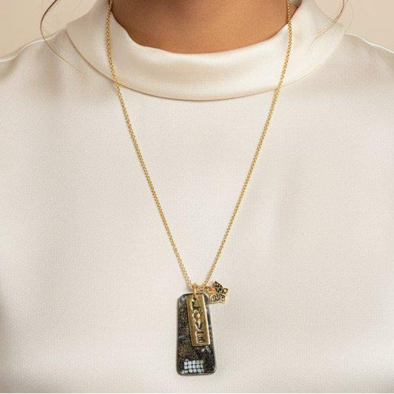 Gold Love Tag necklace, 24 inch - - LadybugfeetDesigns -