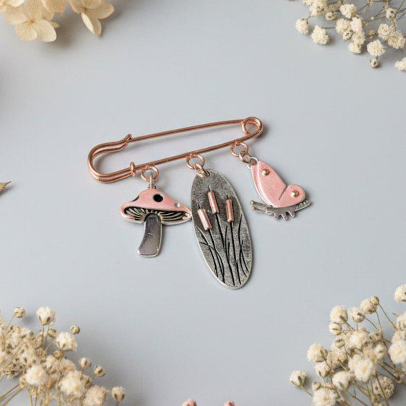 Whimsical Nature Safety Pin Brooch, Purse Charm, Rose Gold - - LadybugfeetDesigns -