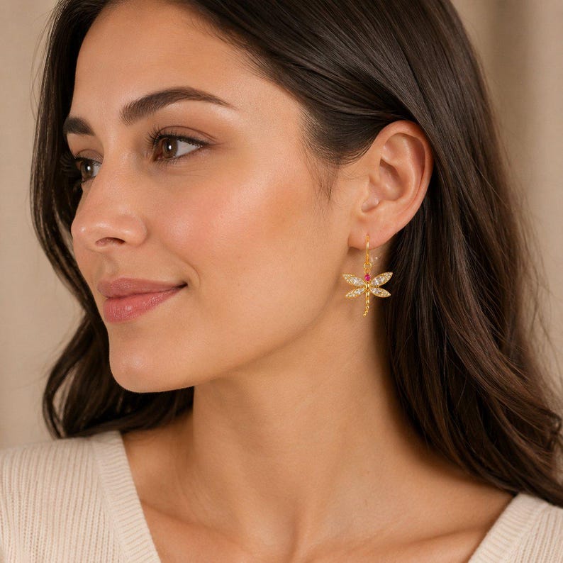 CZ Dragonfly dangle earrings, Gold - - LadybugfeetDesigns -