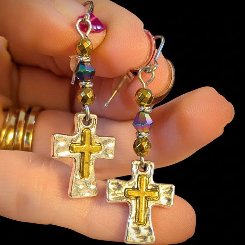 Two-Tone Cross Beaded Earrings - - LadybugfeetDesigns -