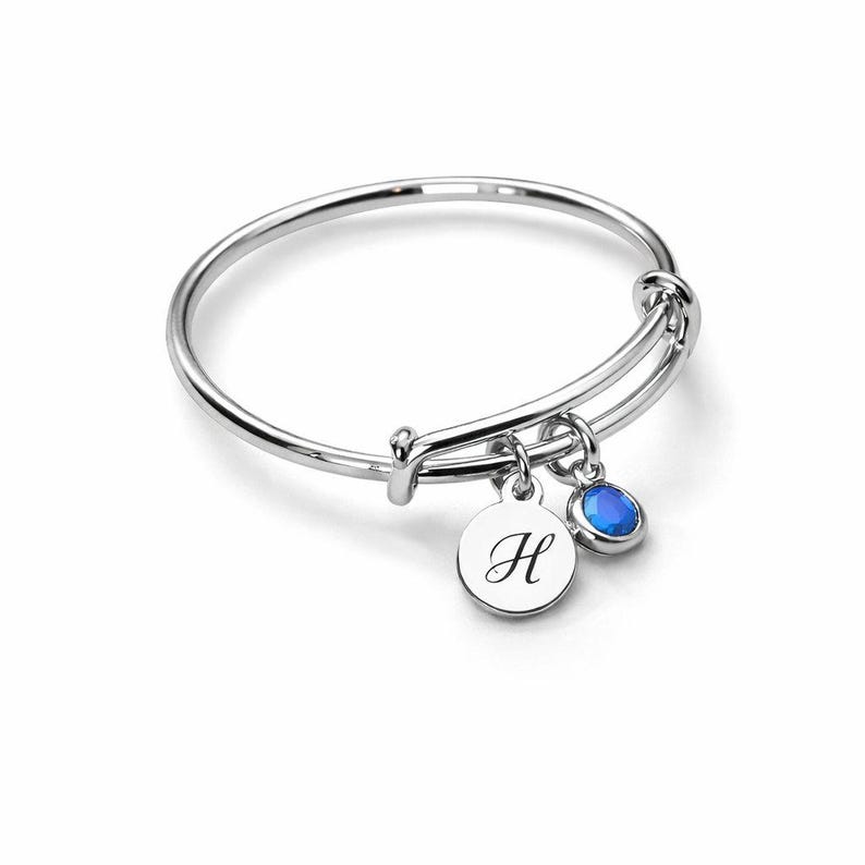 Expandable Initial & Birthstone Charm Ring,Gift for her - - LadybugfeetDesigns -