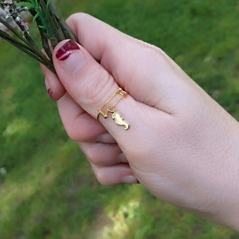 Tiny Seahorse Dangle Adjustable Charm Ring- Gold - - LadybugfeetDesigns -