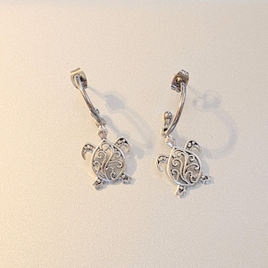 Sea Turtle Hoop Earrings, Silver - 16mm - - LadybugfeetDesigns -