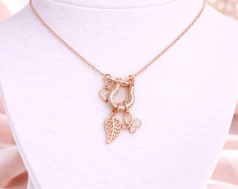 Leaf Butterfly Shackle Clasp Carabiner Charm Necklace, Rose-Gold - Adjustable up to 24 inches