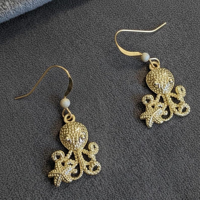 Octopus dangle earrings, Gold - - LadybugfeetDesigns -