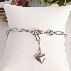 Silver Smiley Stainless Steel Paperclip Chain Bracelet - - LadybugfeetDesigns -