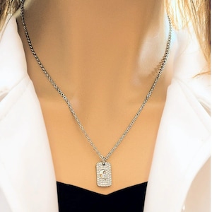 CZ Crescent Moon Tag Necklace, Silver - 20 inch - - LadybugfeetDesigns -