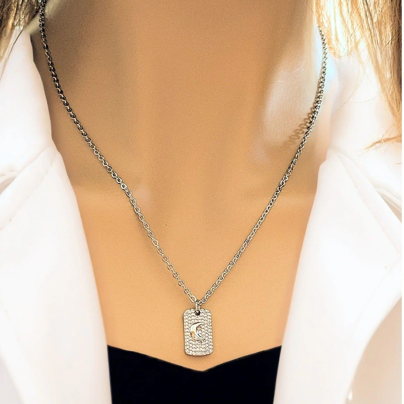 CZ Crescent Moon Tag Necklace, Silver - 20 inch - - LadybugfeetDesigns -
