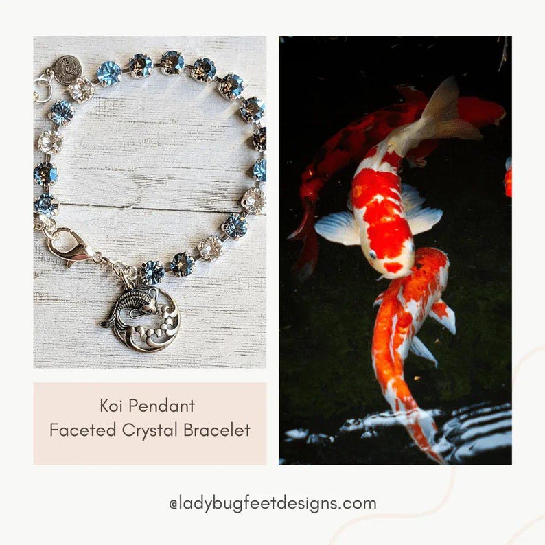 Koi Pendant Faceted Crystal Bracelet, Silver - - LadybugfeetDesigns -