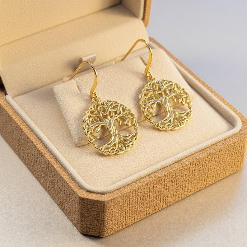 Tree of Life dangle earrings, gold plated - - LadybugfeetDesigns -