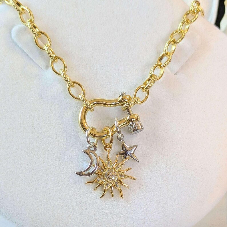 Gold CZ Sun and Silver Moon and Star Shackle Clasp Carabiner Necklace, Gold - 20 inch - - LadybugfeetDesigns -