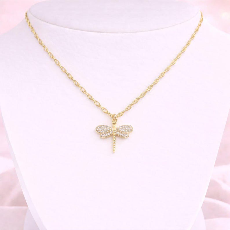 Sparkly Dragonfly necklace, Gold- 20 inch - - LadybugfeetDesigns -