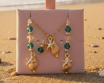 Conch Shell Starfish Crystal charm necklace and Earring set, Gold