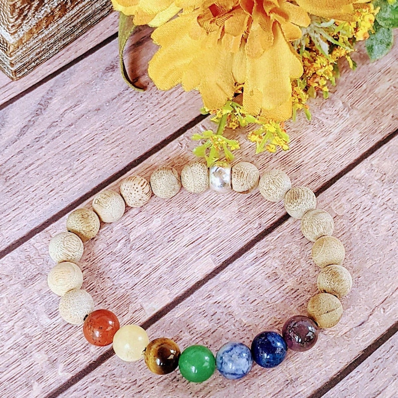 Sandalwood Chakra Bead Diffuser Bracelet, Energy & Balance - - LadybugfeetDesigns -