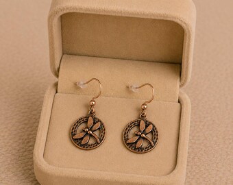 Dragonfly Circle dangle earrings, Copper/Rose Gold