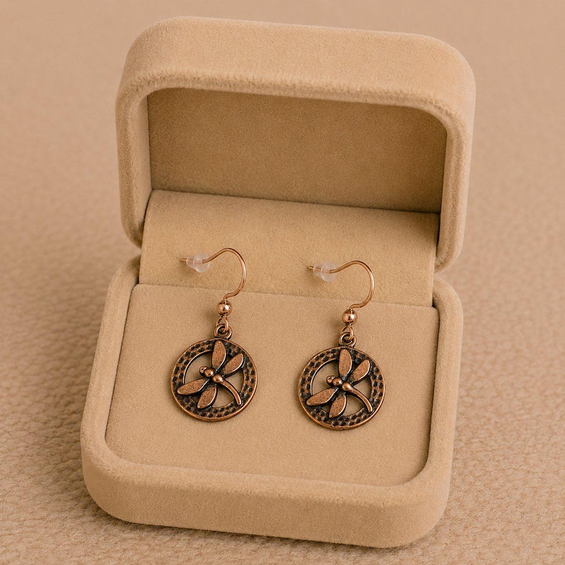Dragonfly Circle dangle earrings, Copper/Rose Gold - - LadybugfeetDesigns -