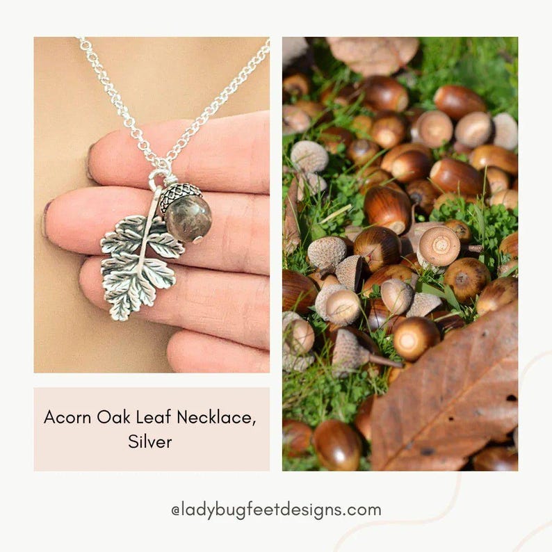 Acorn Oak Leaf Necklace, Silver - - LadybugfeetDesigns -