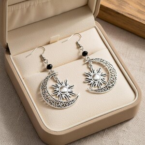 Large Filigree Crescent Moon Sun Hook Earrings, Silver - - LadybugfeetDesigns -