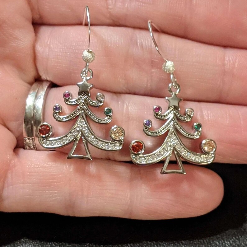 Rhinestone Christmas Tree dangle earrings - - LadybugfeetDesigns -