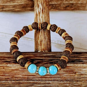 Turquoise Gemstone Lava Bead Stretch bracelet-December Birthstone - - LadybugfeetDesigns -