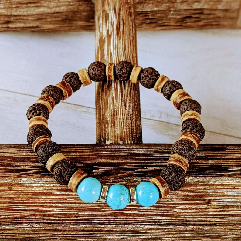 Turquoise Gemstone Lava Bead Stretch bracelet-December Birthstone - - LadybugfeetDesigns -