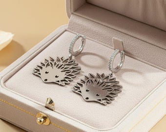Hedgehog Hoop Charm Earrings-Sterling Silver