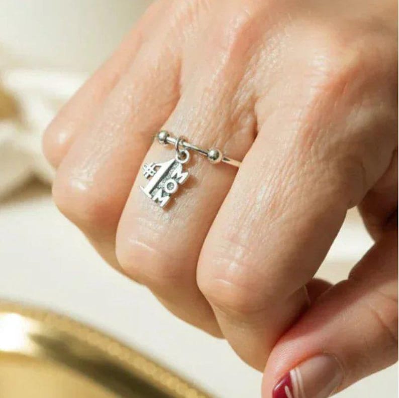 1 Mom Sterling Silver Adjustable Charm Ring - - LadybugfeetDesigns -