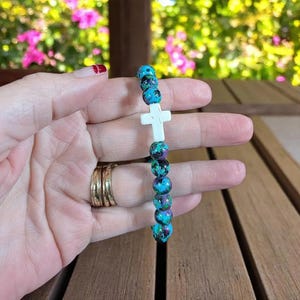 Teal Blue Green Beaded Cross Stretch bracelet - - LadybugfeetDesigns -