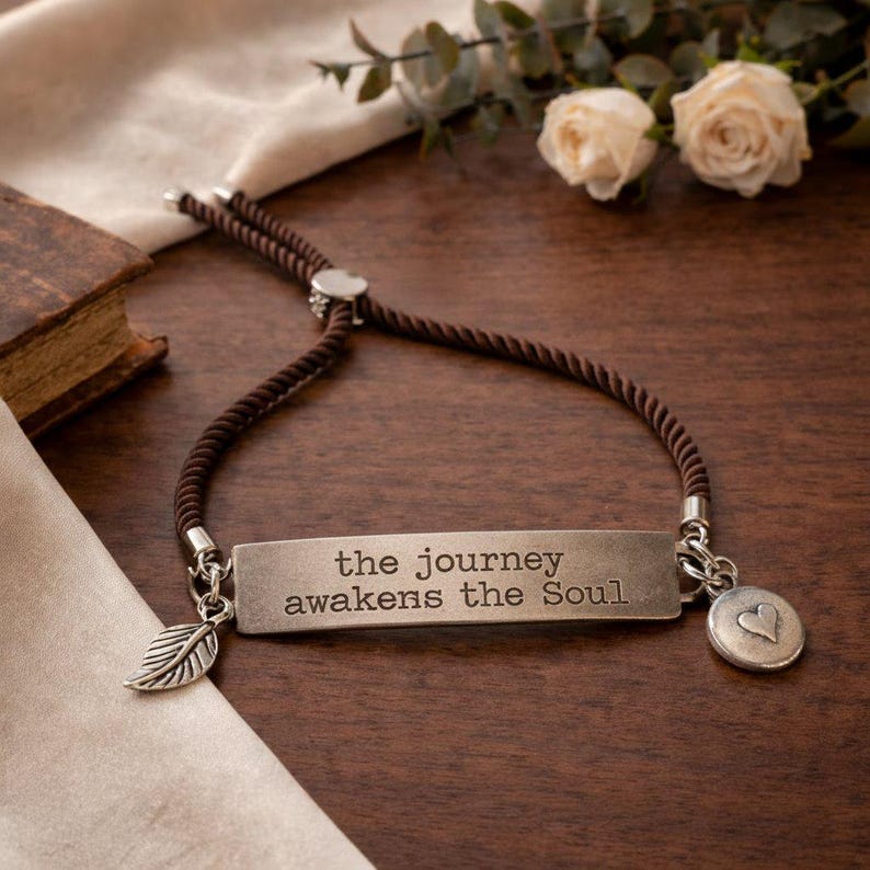 The Journey Awakens the Soul, Inspirational Quote Twisted rope bolo Bracelet - - LadybugfeetDesigns -