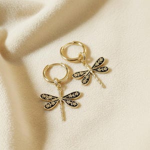 Dragonfly Huggie Hoop earrings, 12mm Hoop Drop, Gold - - LadybugfeetDesigns -