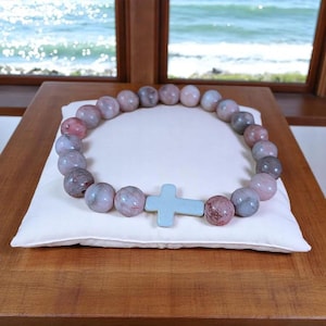 Pink Zebra Jasper Beaded Cross Stretch bracelet - - LadybugfeetDesigns -