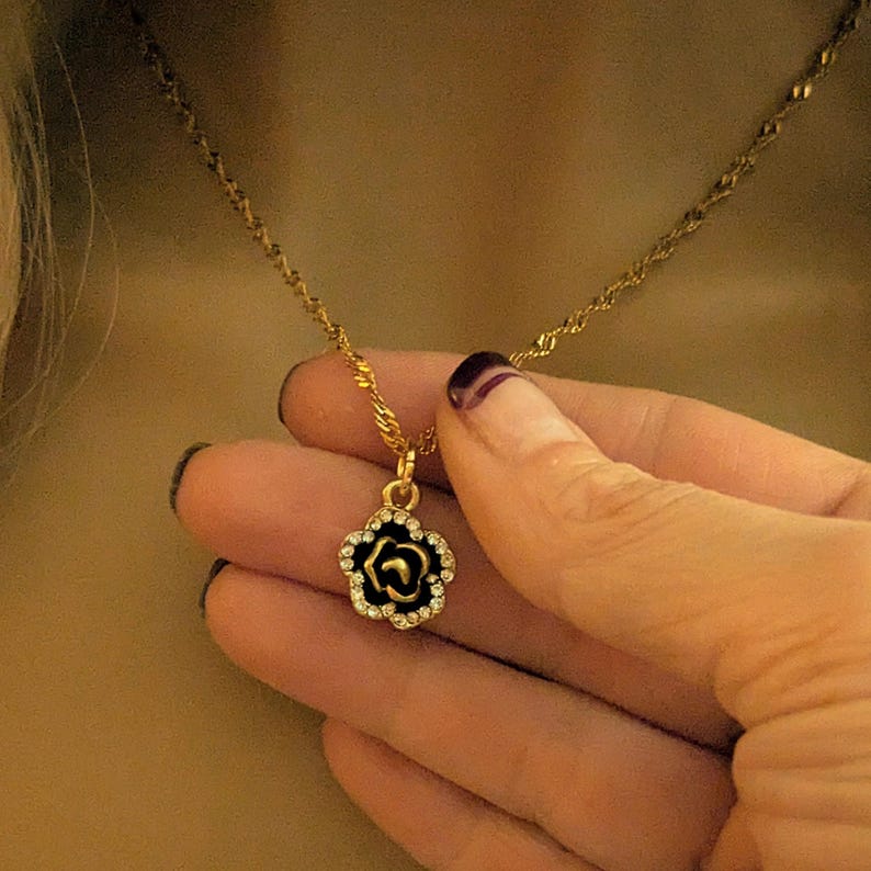 Sparkly Black Rose necklace, Gold- 20 inch - - LadybugfeetDesigns -